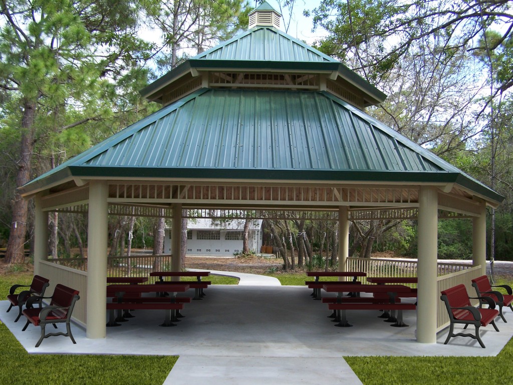 park shelters with tables and benches, 2-tier shelter, hexagon shelter, 2-tier shelter