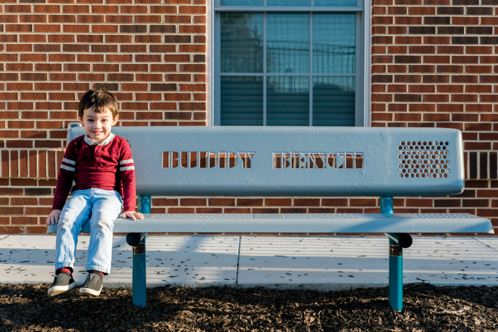 School playground bench, buddy bench, inclusive play, inclusive playground equipment