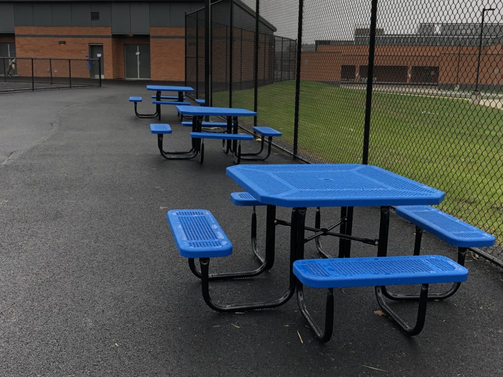 picnic table, site furnishings, school courtyard, park, playground